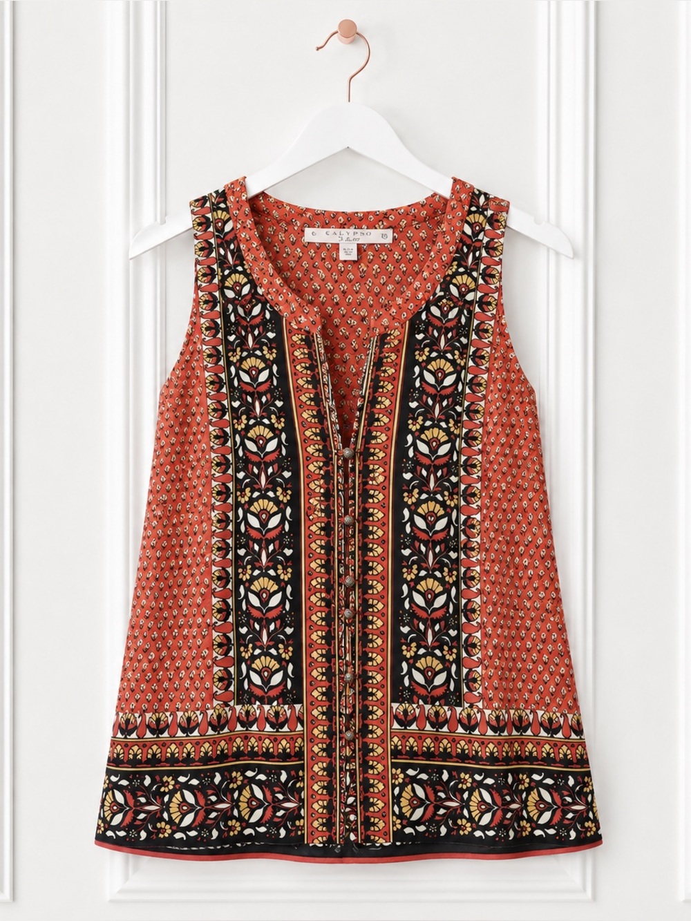Calypso St Barth Womens XS 100% Silk Red Floral Print Sleeveless Boho Tunic Top